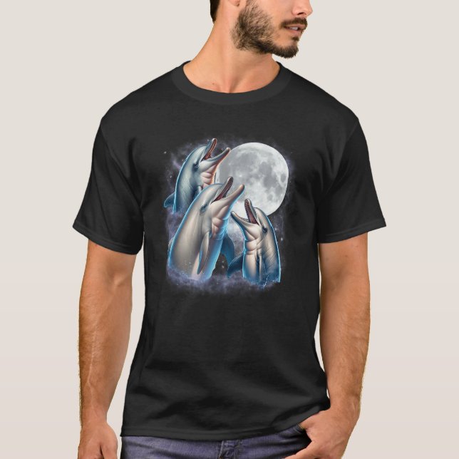 Three Dolphins Moon Funny Dolphin Howling Wolfs Mo T-Shirt (Front)