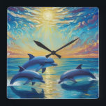 Three dolphins Wall Clock<br><div class="desc">Three dolphins jump over the sea. The sun is shining. Multi-colored clouds run across the sky.</div>