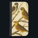 Three Domestic Birds Perched on a Branch Samsung S4 Wallet Case<br><div class="desc">Artist W. Rutledge captured perfectly the vivid colours of those domestic birds. Get this simple yet beautifully realistic painting. Side view of two yellow birds and one darker bird on a branch and looking in different directions.</div>