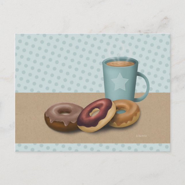 Three doughnuts and a coffee post card (Front)
