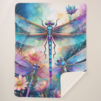 Three Dragonflies in Watercolor Sherpa Blanket