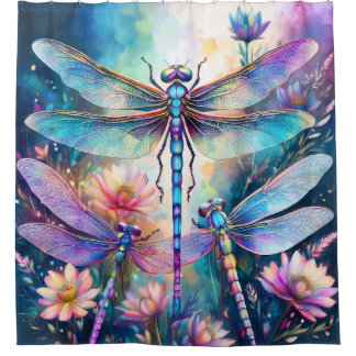 Three Dragonflies in Watercolor Shower Curtain