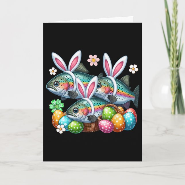 Three Easter Bunny Trout Fishes Hunting Eggs Sket  Card (Front)