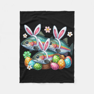 Three Easter Bunny Trout Fishes Hunting Eggs Sket  Fleece Blanket