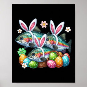 Three Easter Bunny Trout Fishes Hunting Eggs Sket Poster