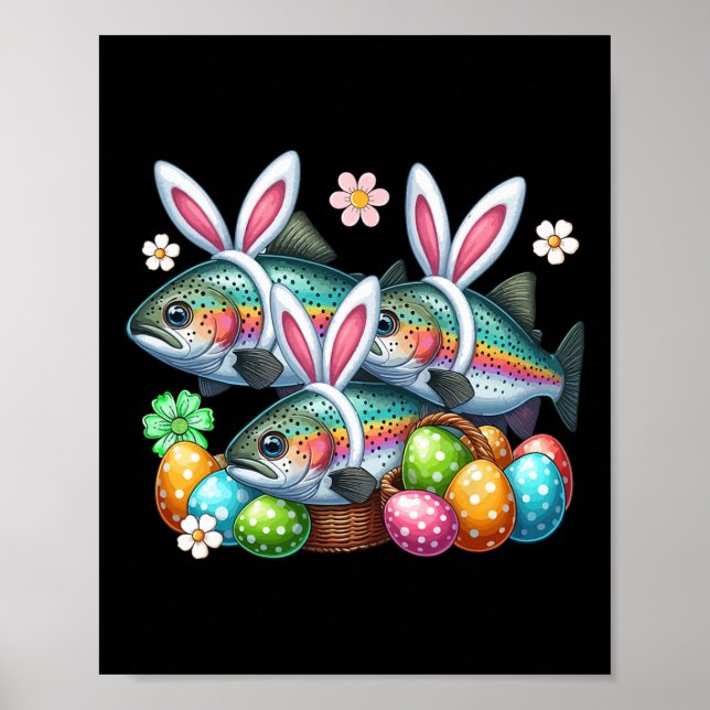 Three Easter Bunny Trout Fishes Hunting Eggs Sket  Poster (Front)
