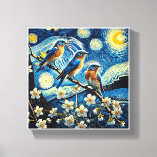 Three eastern bluebirds Van Gogh Art Canvas Print