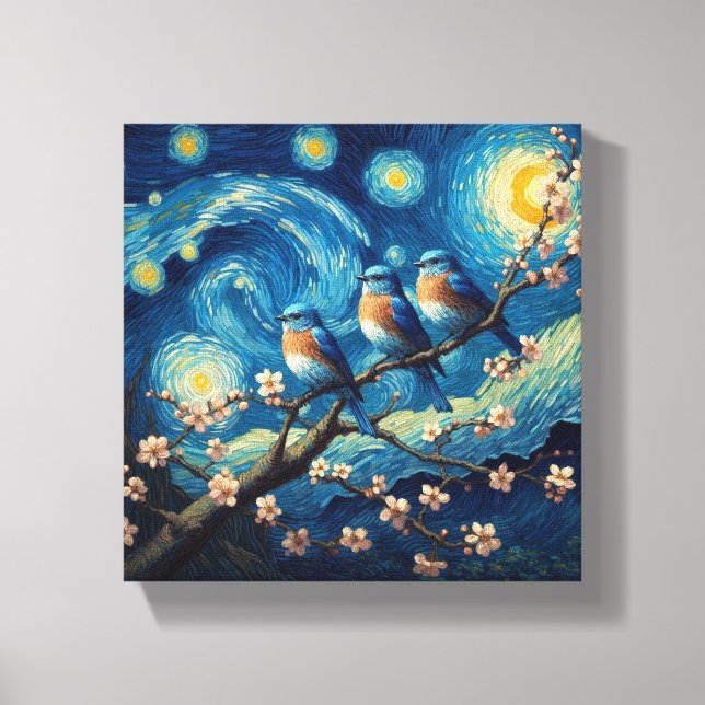 Three Eastern Bluebirds Van Gogh Art Canvas Print (Front)