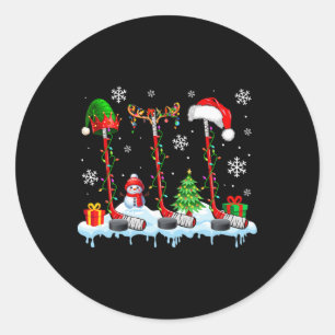 Three Elf Santa Reindeer Hockey Equipments Xmas Pl Classic Round Sticker