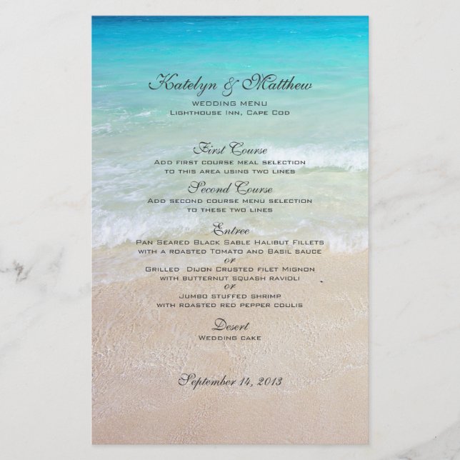 Three Entree Custom Beach Wedding Menu (Front)