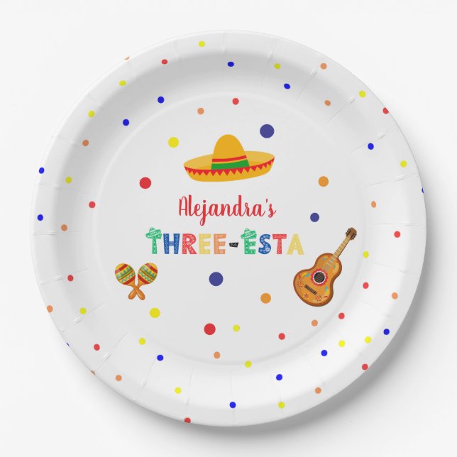 Three Esta Fiesta 3rd birthday party Paper Plate (Front)