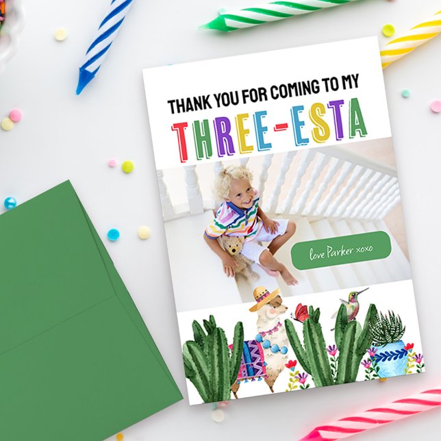 Three-esta Fiesta 3rd Birthday Photo Thank You Card (Colorful Three-esta fiesta thank you card personalized with your photo)