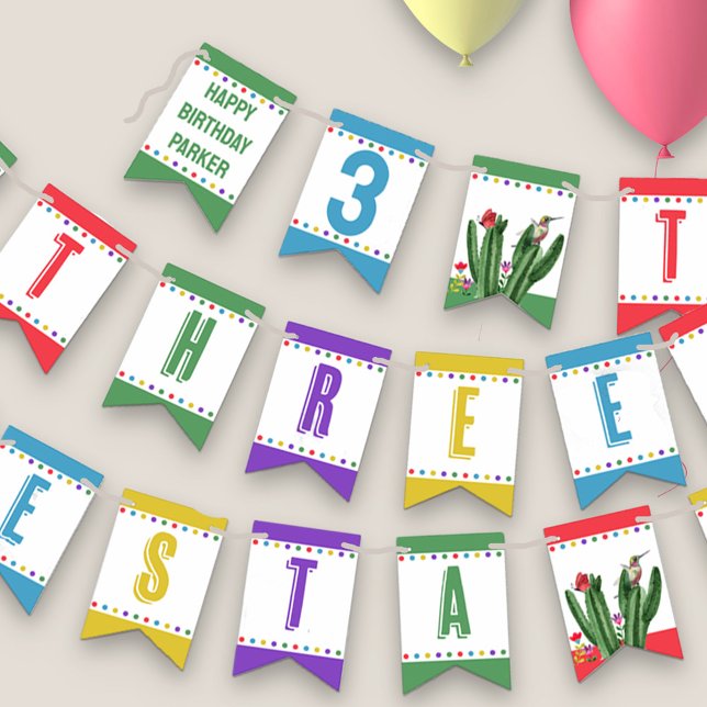 Three-Esta Fiesta Colourful Kids 3rd Birthday Bunting (Three-esta Bunting with personalized happy birthday message for child's 3rd birthday )
