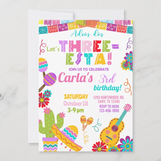 Three-esta Fiesta girl 3rd birthday invitation. Invitation (Front)