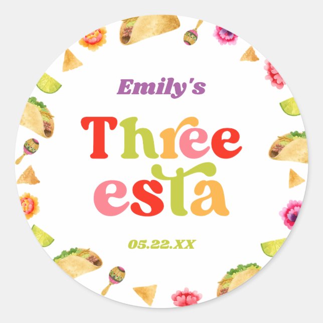 Three Esta Fiesta Taco Tuesday 3rd Birthday Party Classic Round Sticker (Front)