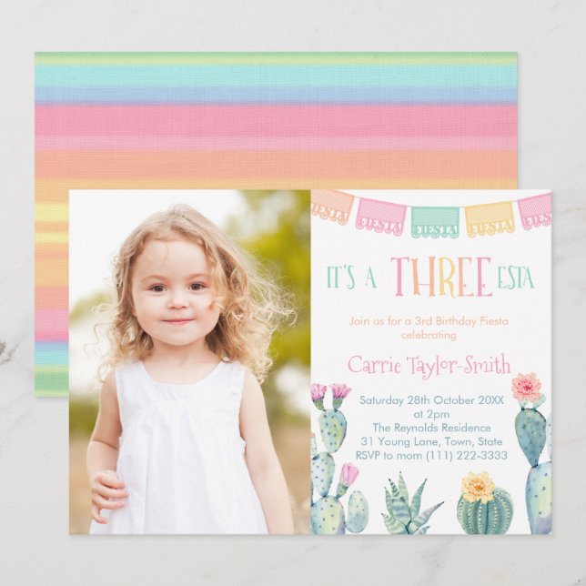 THREE-esta Mexican Fiesta 3rd Birthday Party Photo Invitation (Front/Back)