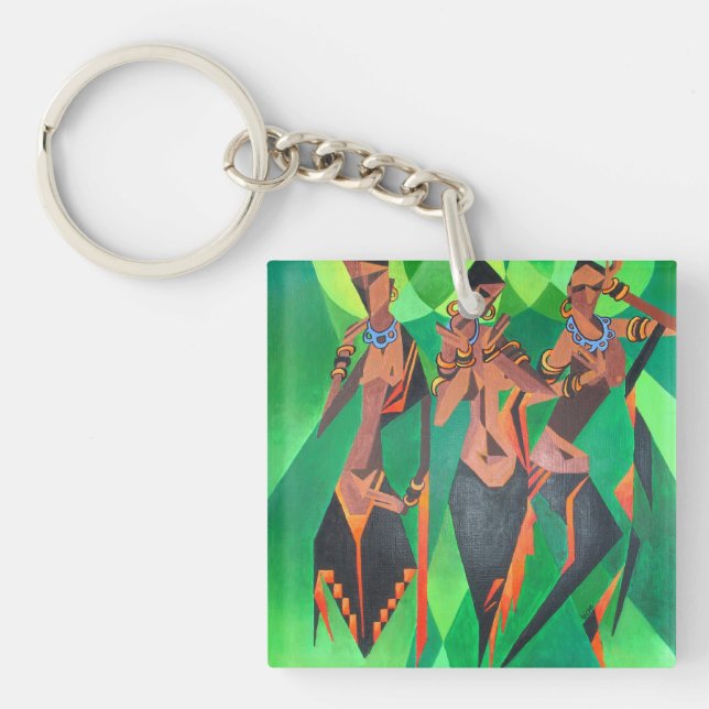 Three Ethnic Traditional Black Women Dancing Key Ring (Front)