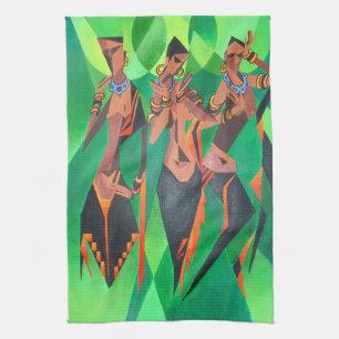 Three Ethnic Traditional Black Women Dancing Tea Towel
