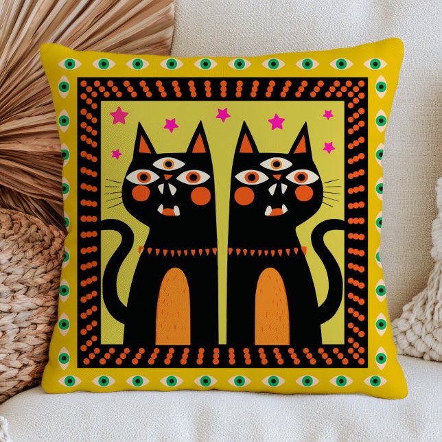 Three-Eyed Black Cats Funky Evil Eyes Maximalist  Cushion (Creator Uploaded)