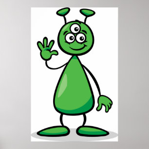 Three-Eyed Green Alien Martian Cartoon Poster