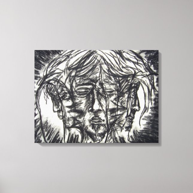 Three Faces of Metal Illness Charcoal Drawing Canvas Print (Front)