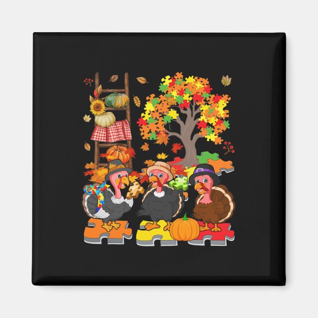 Three Fall Turkey With Autism Awareness Puzzle Pie Magnet (Front)