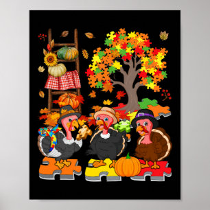Three Fall Turkey With Autism Awareness Puzzle Pie Poster