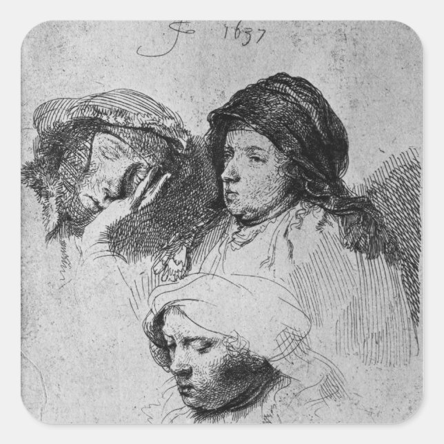 Three female heads with one sleeping, 1637 square sticker (Front)
