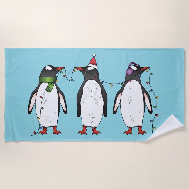 Three Festive Christmas Penguins Illustration Beach Towel (Front)