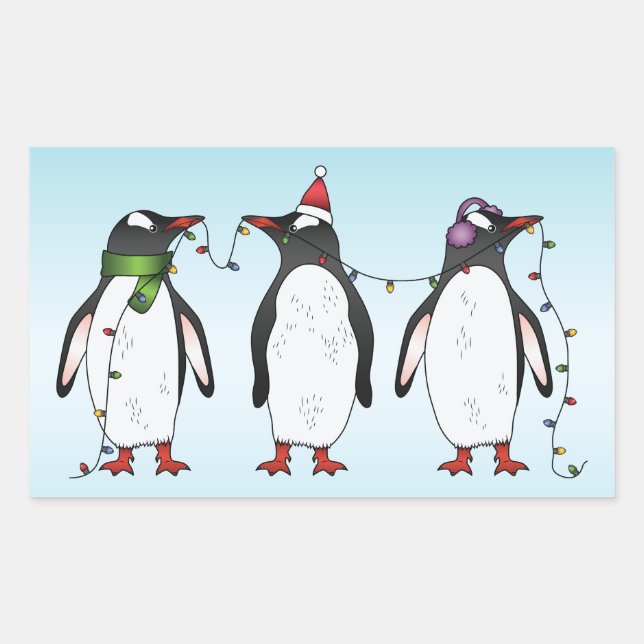 Three Festive Christmas Penguins Illustration Rectangular Sticker (Front)