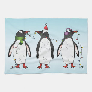 Three Festive Christmas Penguins Illustration Tea Towel