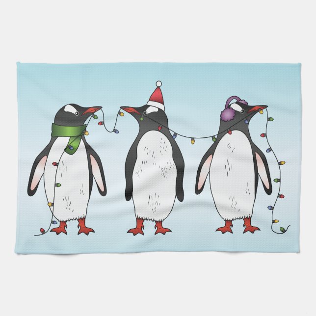 Three Festive Christmas Penguins Illustration Tea Towel (Horizontal)