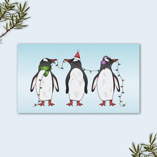 Three Festive Christmas Penguins On Light Blue Business Card (Personalize the back with your custom text.)