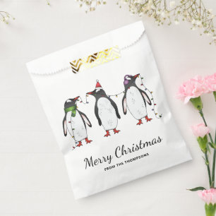 Three Festive Christmas Penguins With Custom Text Favour Bags