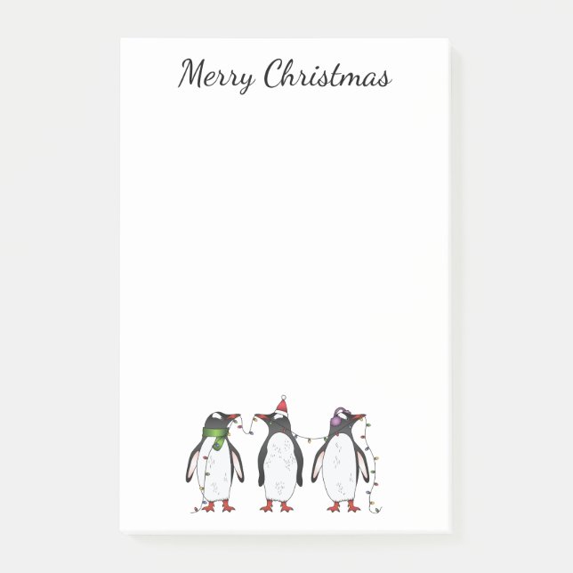 Three Festive Christmas Penguins With Custom Text Post-it Notes (Front)