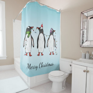 Three Festive Christmas Penguins With Custom Text Shower Curtain