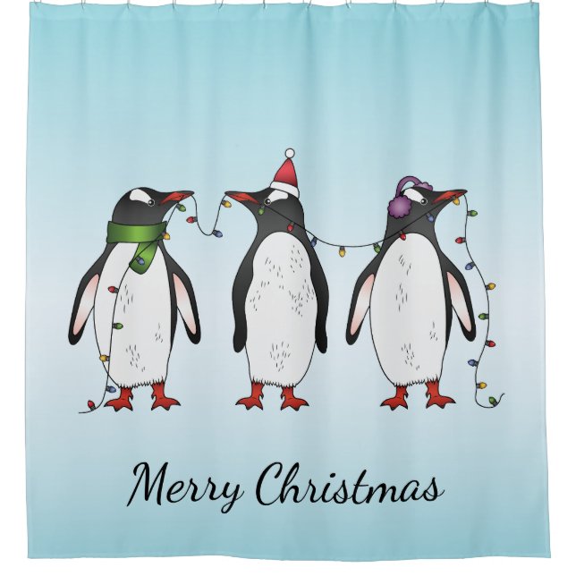 Three Festive Christmas Penguins With Custom Text Shower Curtain (Front)