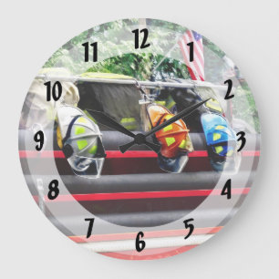 Three Fire Helmets On Fire Truck Large Clock