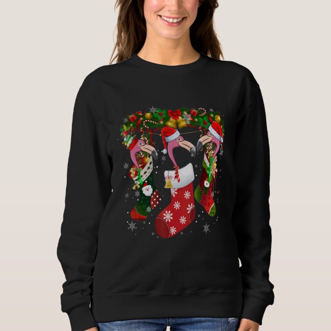 Three Flamingo In Socks Christmas Santa Hat Sweatshirt (Front)