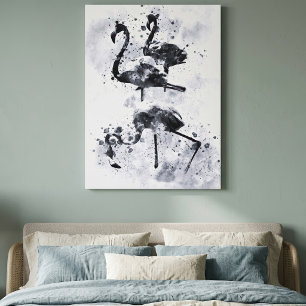 Three Flamingos Black and White Watercolor Canvas Print