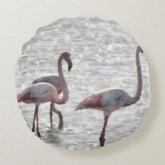 Three Flamingos Watercolor Round Cushion