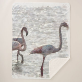 Three Flamingos Watercolor Sherpa Blanket