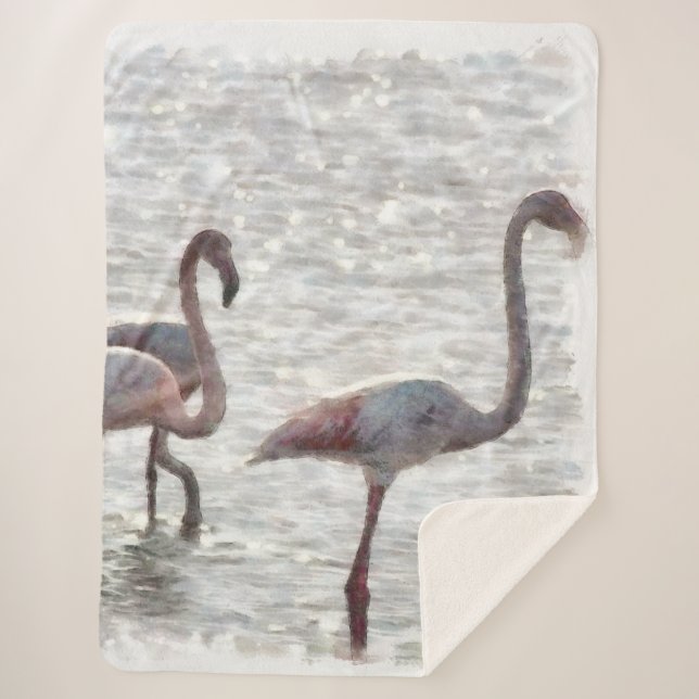 Three Flamingos Watercolor Sherpa Blanket (Front)