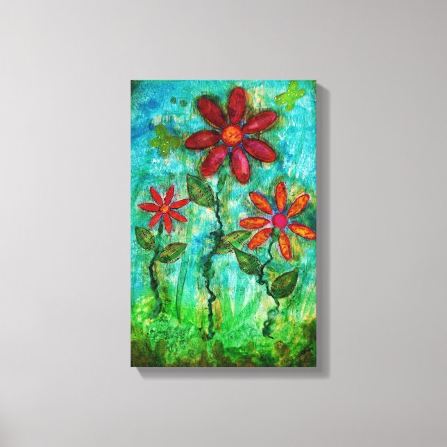 Three Flowers by Heather Saulsbury Mixed Media Art Canvas Print (Front)