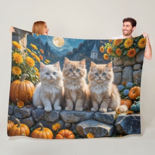 Three Fluffy Autumn Kittens with Pumpkins and Mums Fleece Blanket