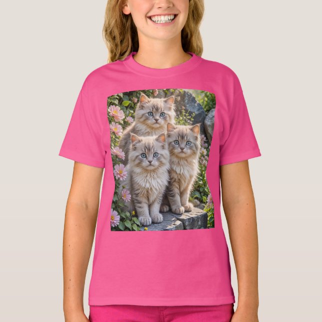 Three Fluffy  Kittens with in pink Mums T-Shirt (Front)