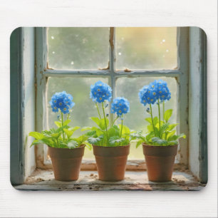 Three Forget-Me-Not Flower Pots In a Window Mouse Pad