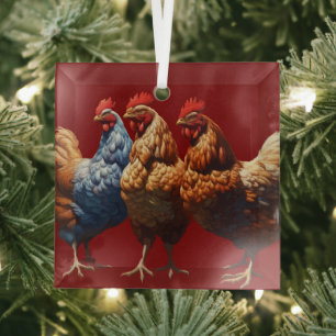 Three-French-Hens Brown-Feathered Glass Tree Decoration