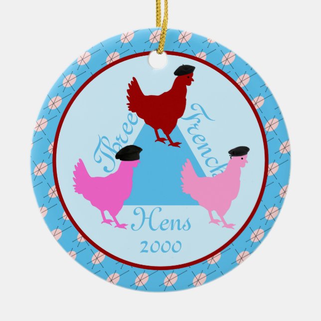 Three French Hens - Custom Year Ceramic Tree Decoration (Front)