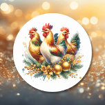 Three French Hens | Twelve Days of Christmas Classic Round Sticker<br><div class="desc">Three French Hens in pine branches and gold holiday ornaments Twelve Days of Christmas themed Christmas stickers.</div>